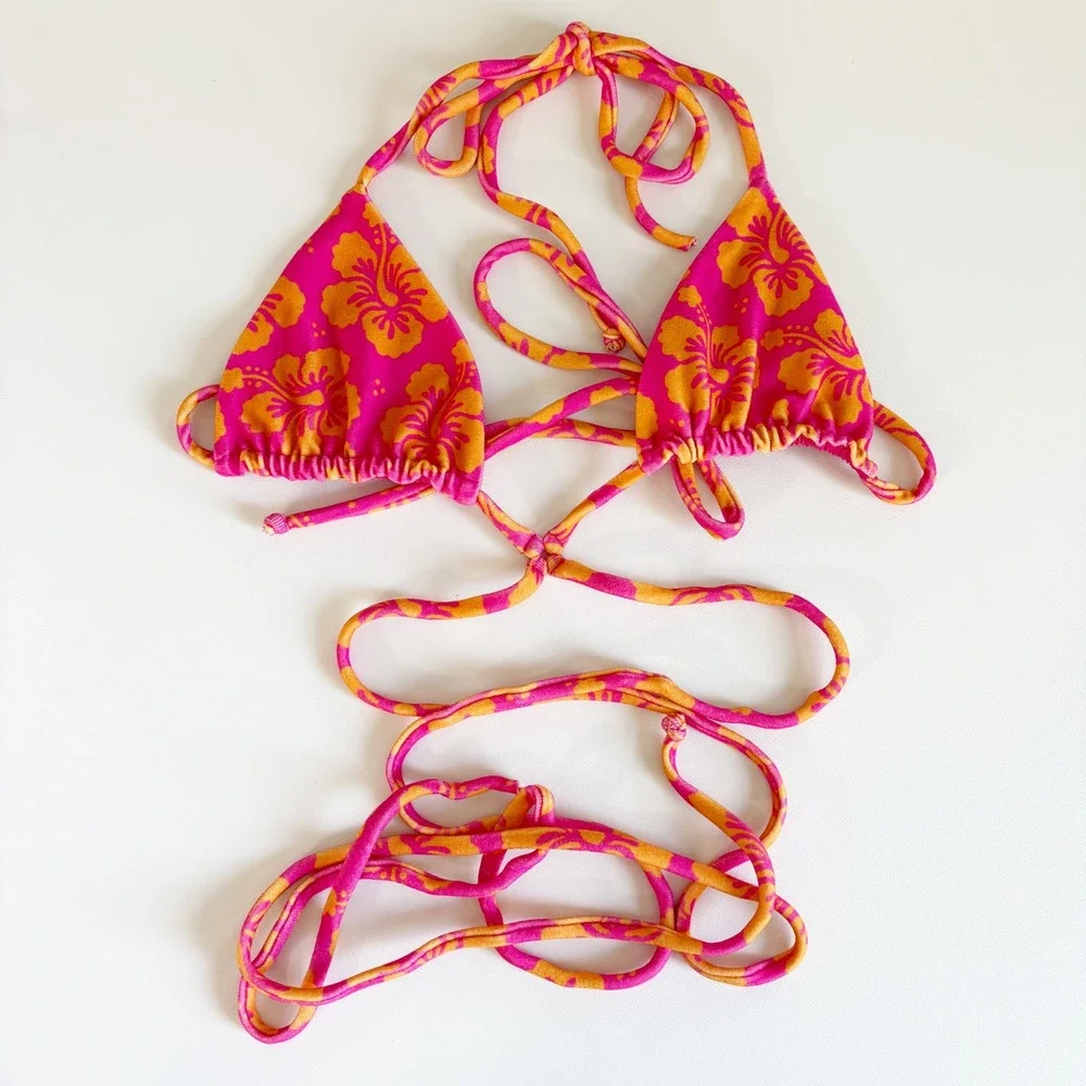 Frankie's Bikinis Women Tatum Terry Hibiscus Honey Floral Wrap Bikini Set Size M